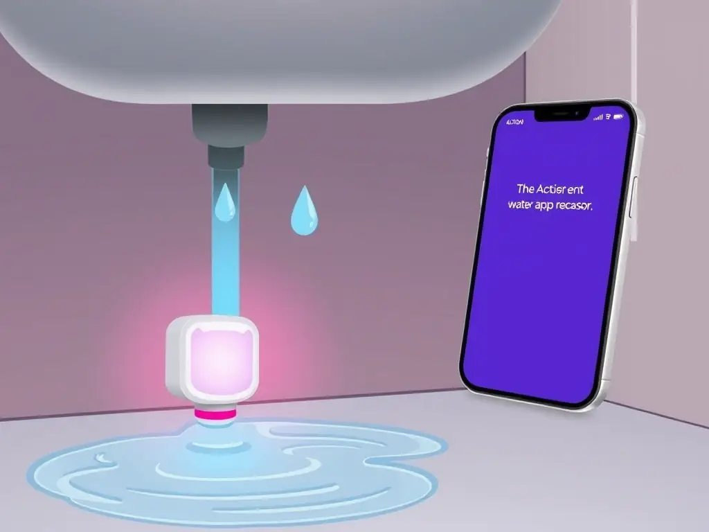 A sensor detecting a water leak under a sink, with a smartphone displaying an alert from the Action app, demonstrating the system's ability to detect and prevent potential damage.