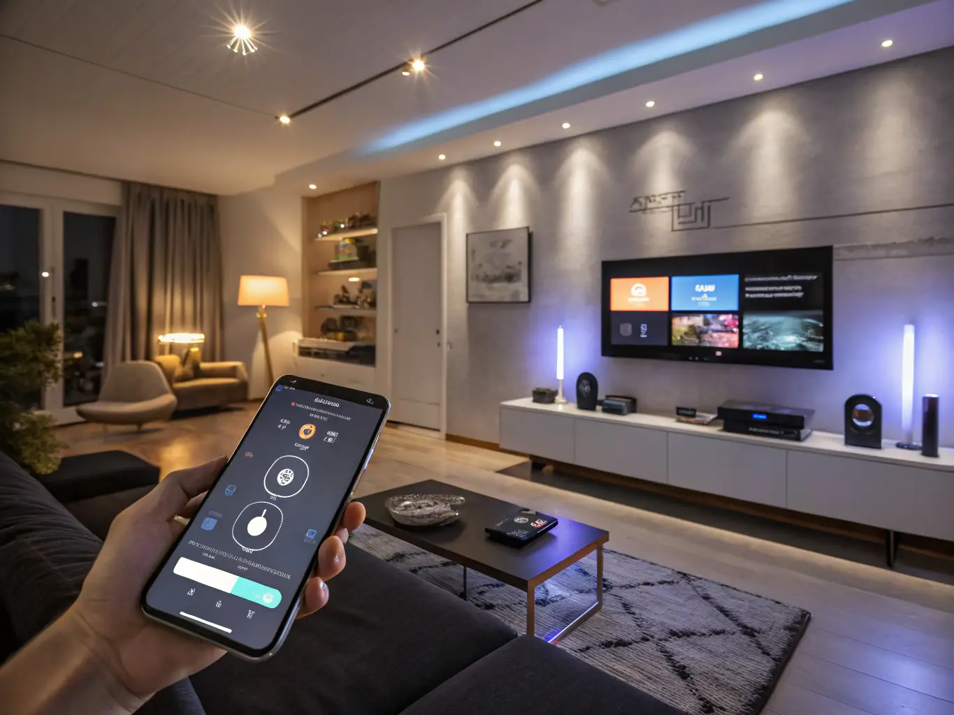 A brightly lit living room showcasing automated lighting controlled via a smartphone app, with soft, adjustable ambient lighting creating a cozy atmosphere.