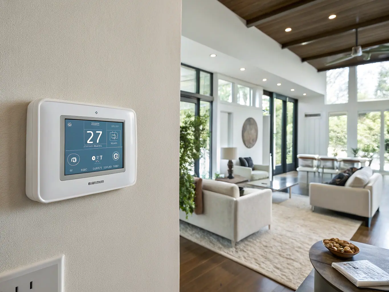 A smart thermostat displaying energy usage statistics and automated temperature adjustments, integrated with a whole-house climate control system for optimal energy efficiency.