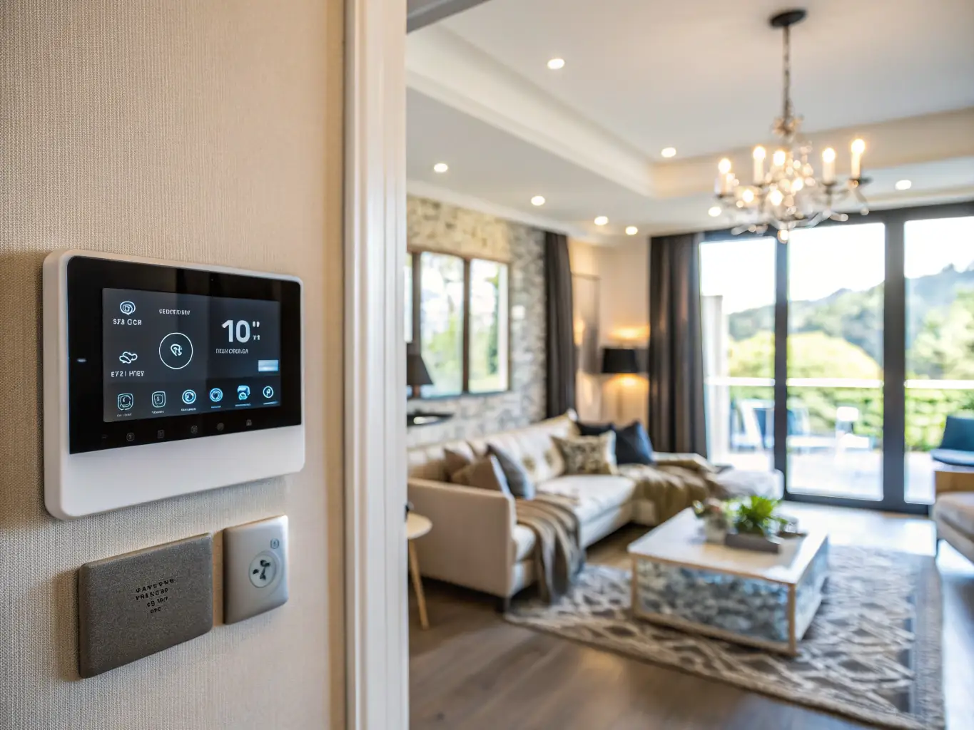 A sleek security camera discreetly mounted in a hallway, capturing a clear image of a person entering the home, displayed on a smartphone screen.