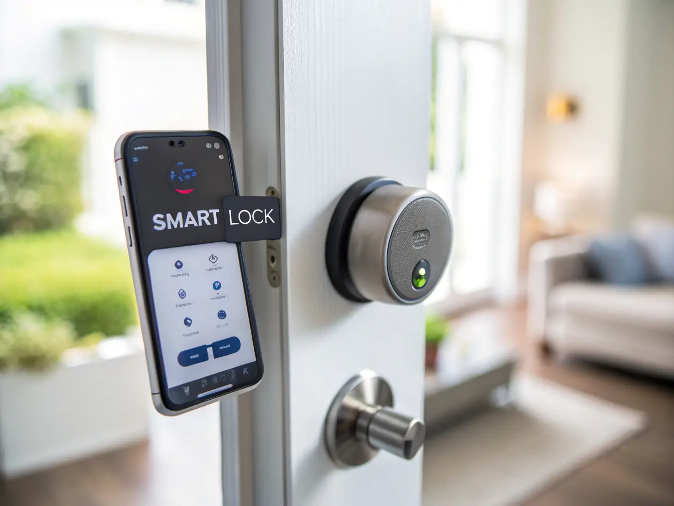 A smart lock installed on a modern front door, with a smartphone displaying the Action app interface, illustrating the ease of remotely locking and unlocking the door.