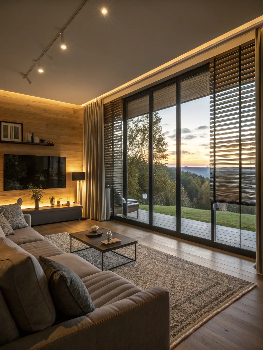 A brightly lit modern living room with smart lighting adjusting automatically to the sunset, showcasing energy efficiency and ambiance.