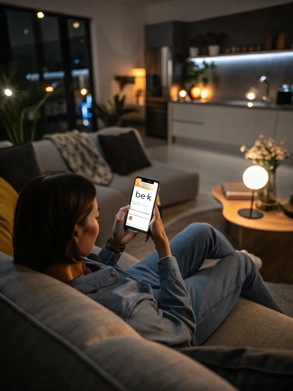 A person using a smartphone app to control the lights in their home, demonstrating the convenience of remote access.