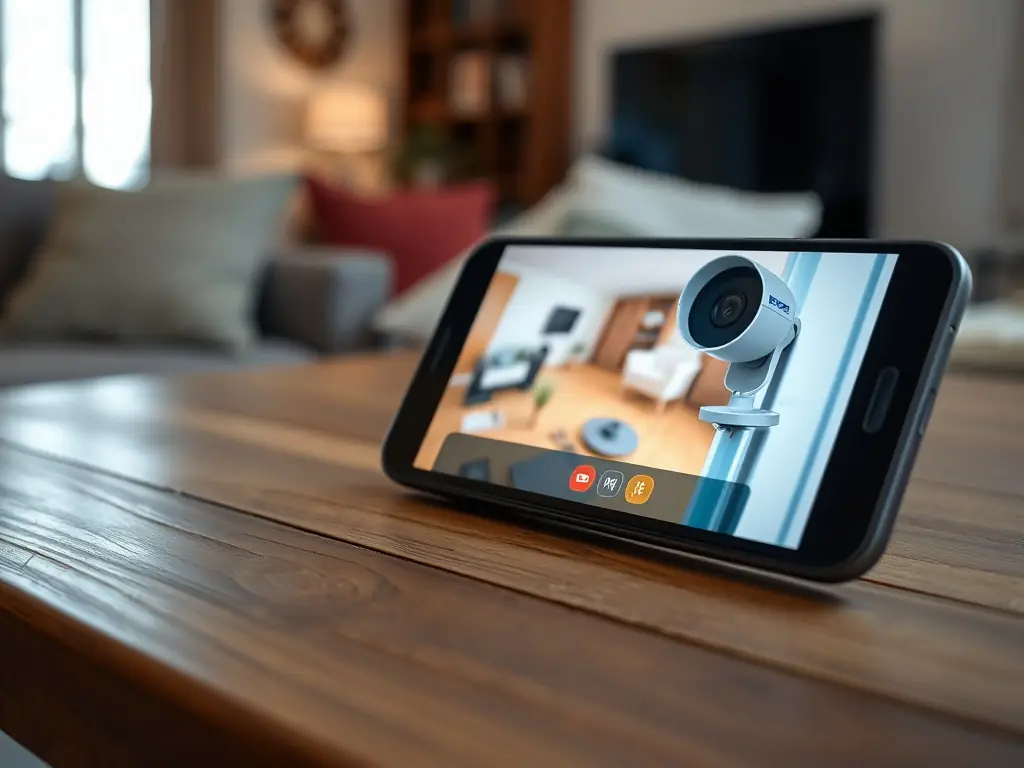 A smart home security system interface on a smartphone, showing live camera feeds and alarm status.