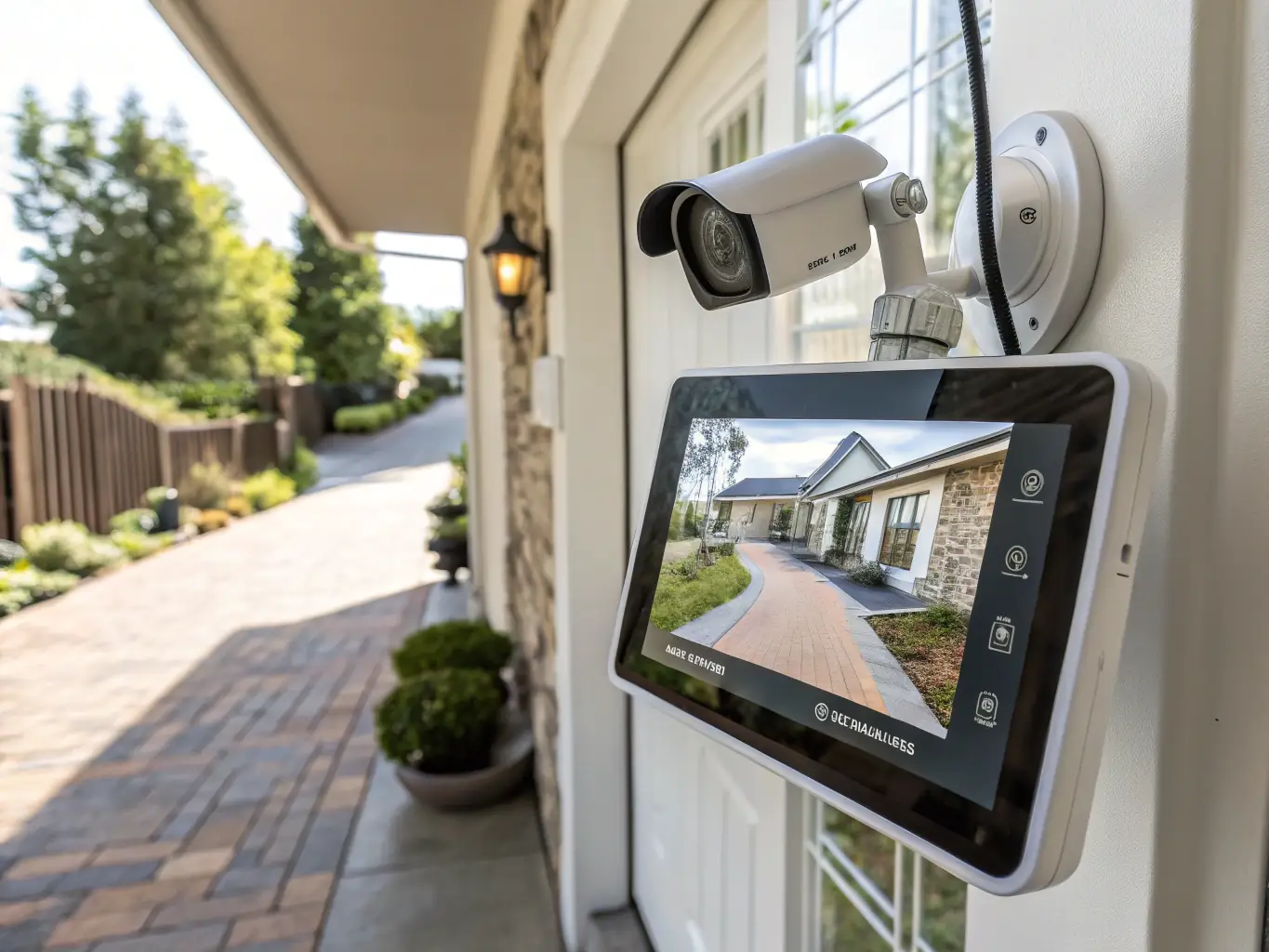 A high-resolution security camera displaying a live feed of a front door, with clear visibility even in low light conditions, showcasing the advanced surveillance capabilities of Action's smart home system.