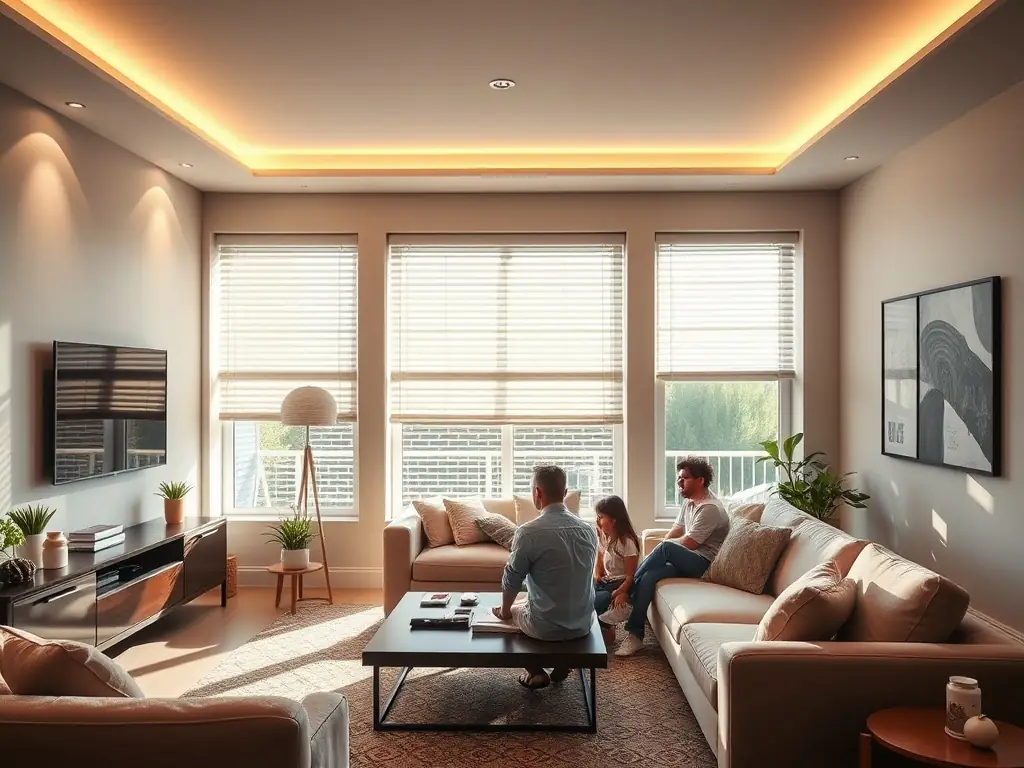 A modern living room with smart lighting adjusting automatically to the time of day, showcasing the ambiance and energy efficiency.