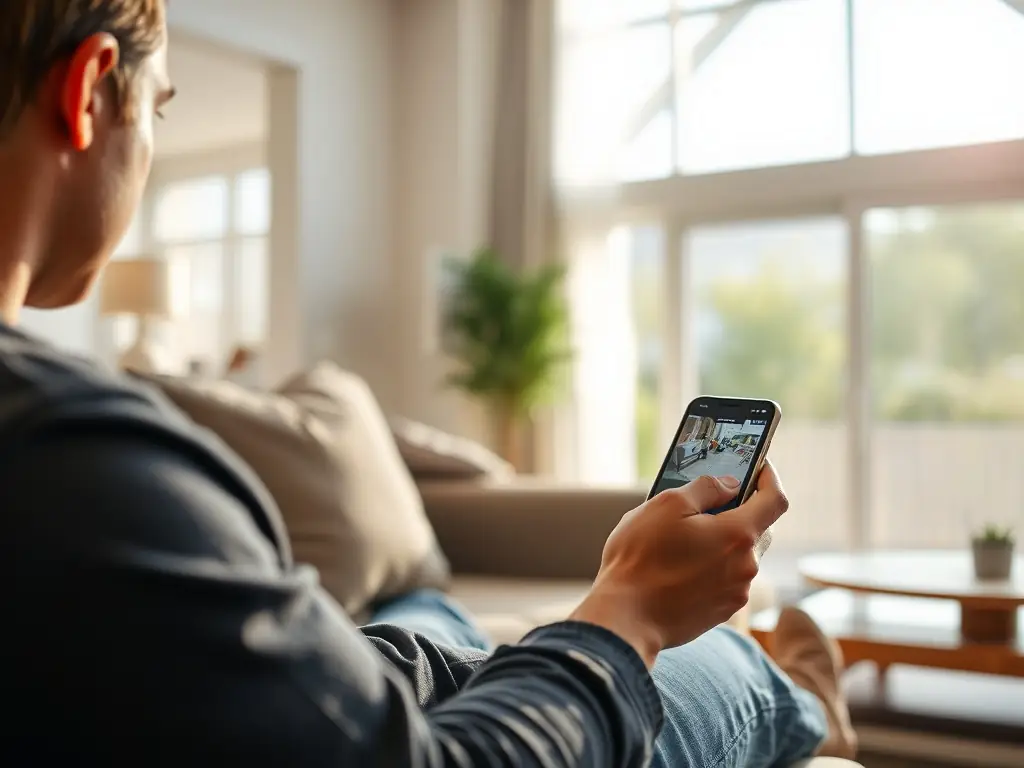 A homeowner remotely monitoring their home security system via a smartphone app, showcasing the real-time video feed and control options enabled by high-speed WiFi.
