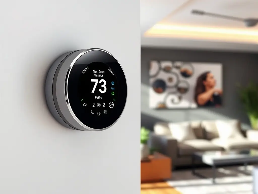 A smart thermostat displaying energy usage statistics, with a smartphone showing a notification of a potential energy saving opportunity, highlighting Action's energy management capabilities.