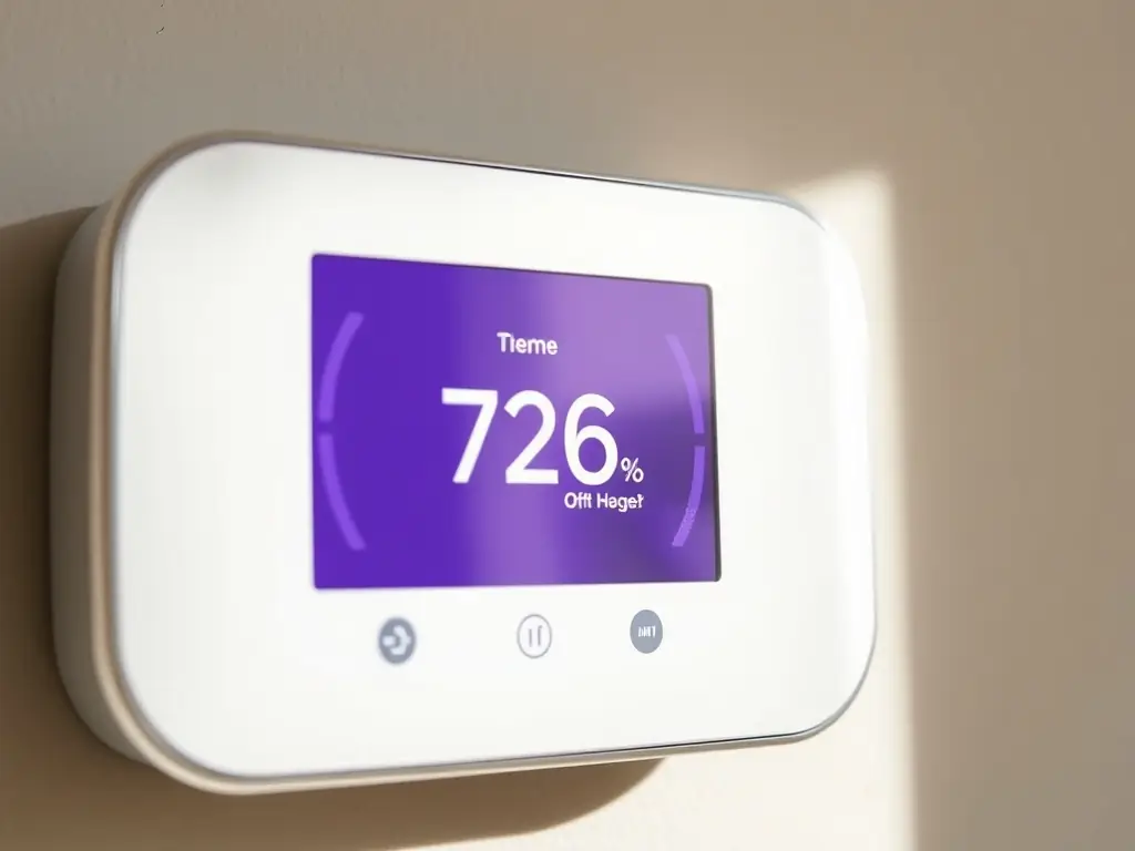 A thermostat interface on a tablet, displaying energy savings and remote climate control options.