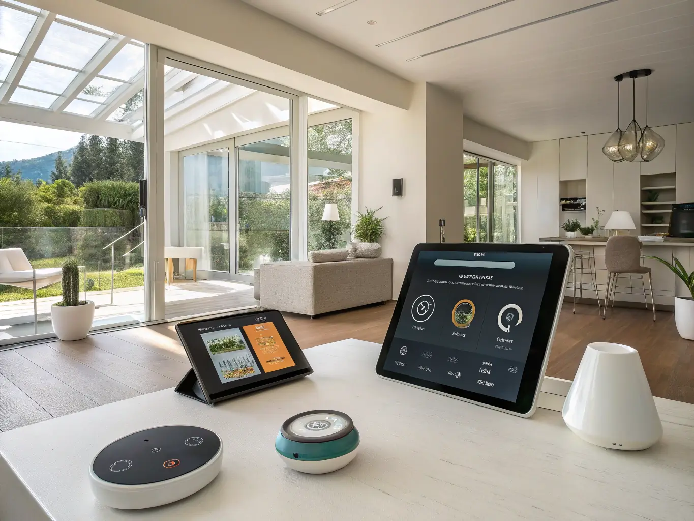 A modern living room showcasing a smart home setup with integrated lighting, climate control, and entertainment systems, all seamlessly connected via high-speed WiFi.
