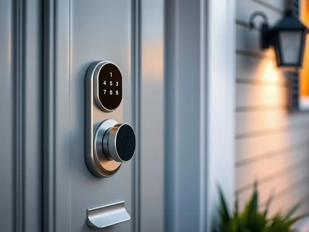A smart lock installed on a front door, with a person using a smartphone to unlock it remotely, illustrating the convenience and security of Action's smart lock system.