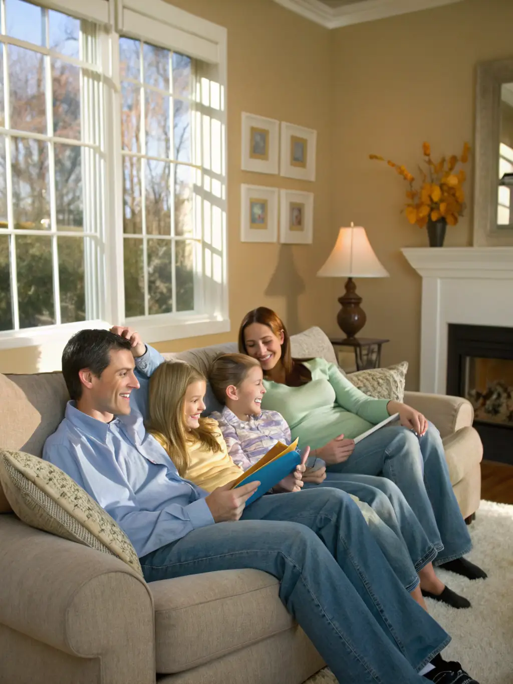 A family enjoying a comfortable living room with even temperature distribution, illustrating the enhanced comfort provided by Action's smart floor heating.