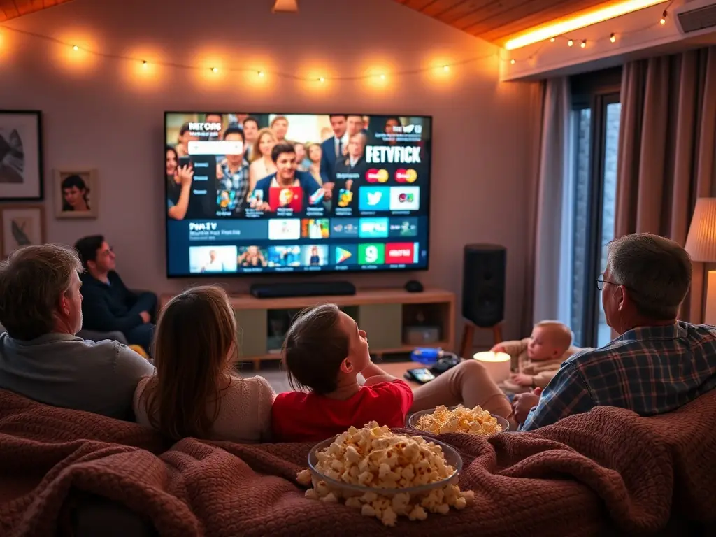 A family enjoying a movie night in their automated home theater, with lights dimming automatically and sound system adjusting via a smart home app connected to high-speed WiFi.