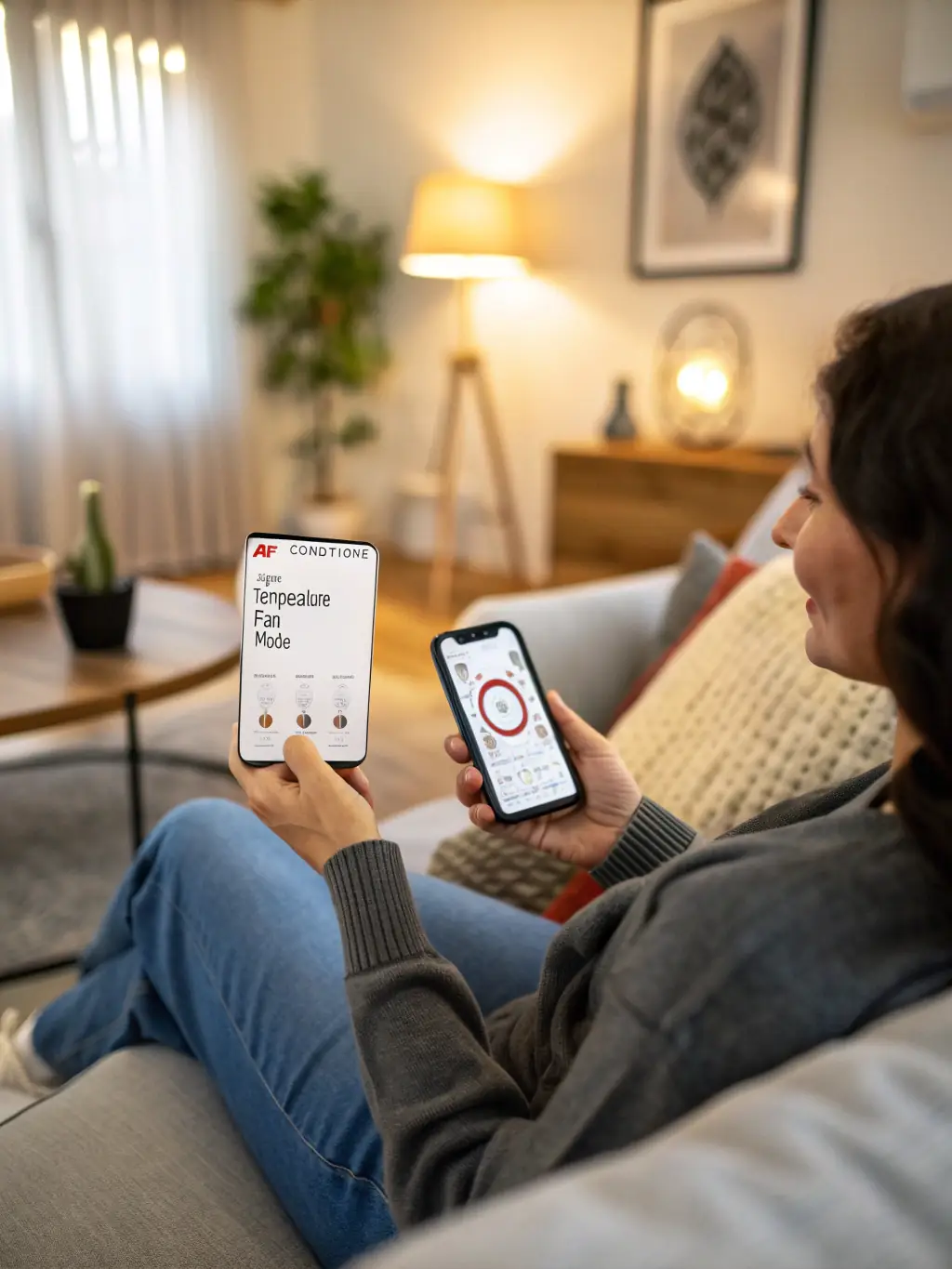 A close-up of a smartphone app controlling home temperature settings, demonstrating the convenience and remote access offered by Action's smart home solutions.