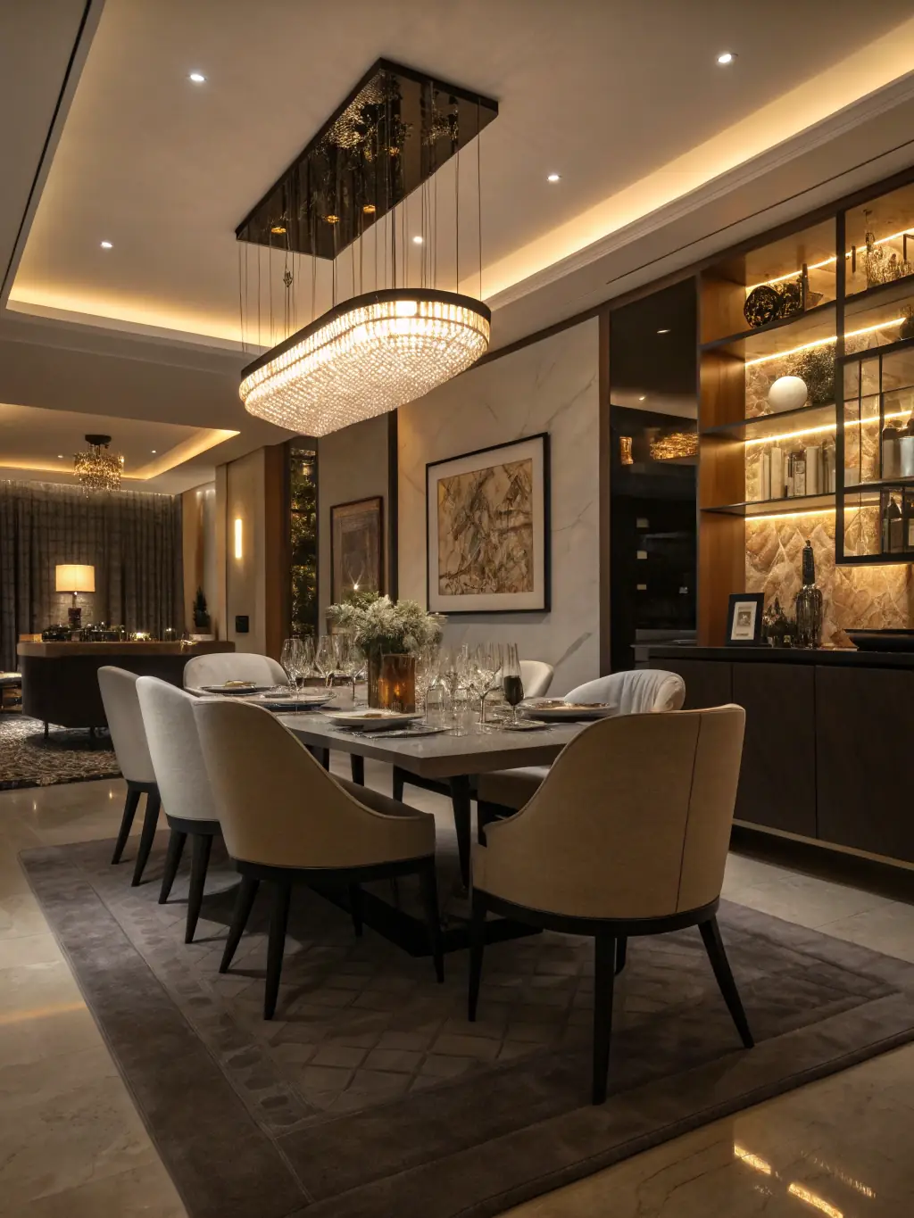 A dining room with customizable smart lighting creating a warm and inviting ambiance for a dinner party.