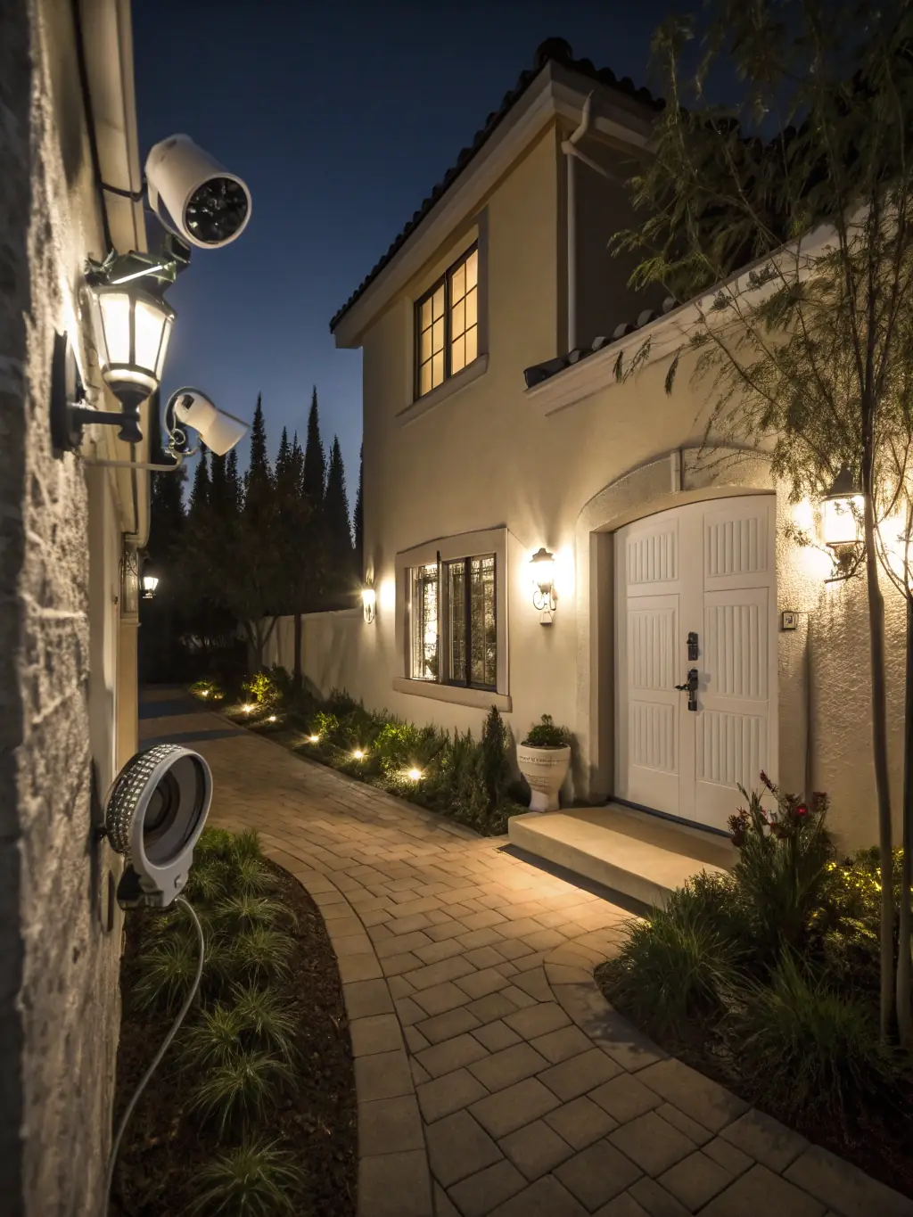 A home exterior at night with smart lights turning on automatically, enhancing security and deterring intruders.