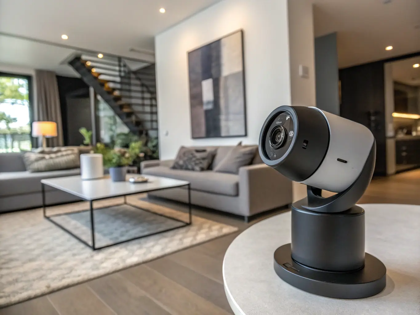 A high-definition security camera displaying a live feed of a well-lit living room, showcasing the clarity and detail provided by Action's surveillance system.