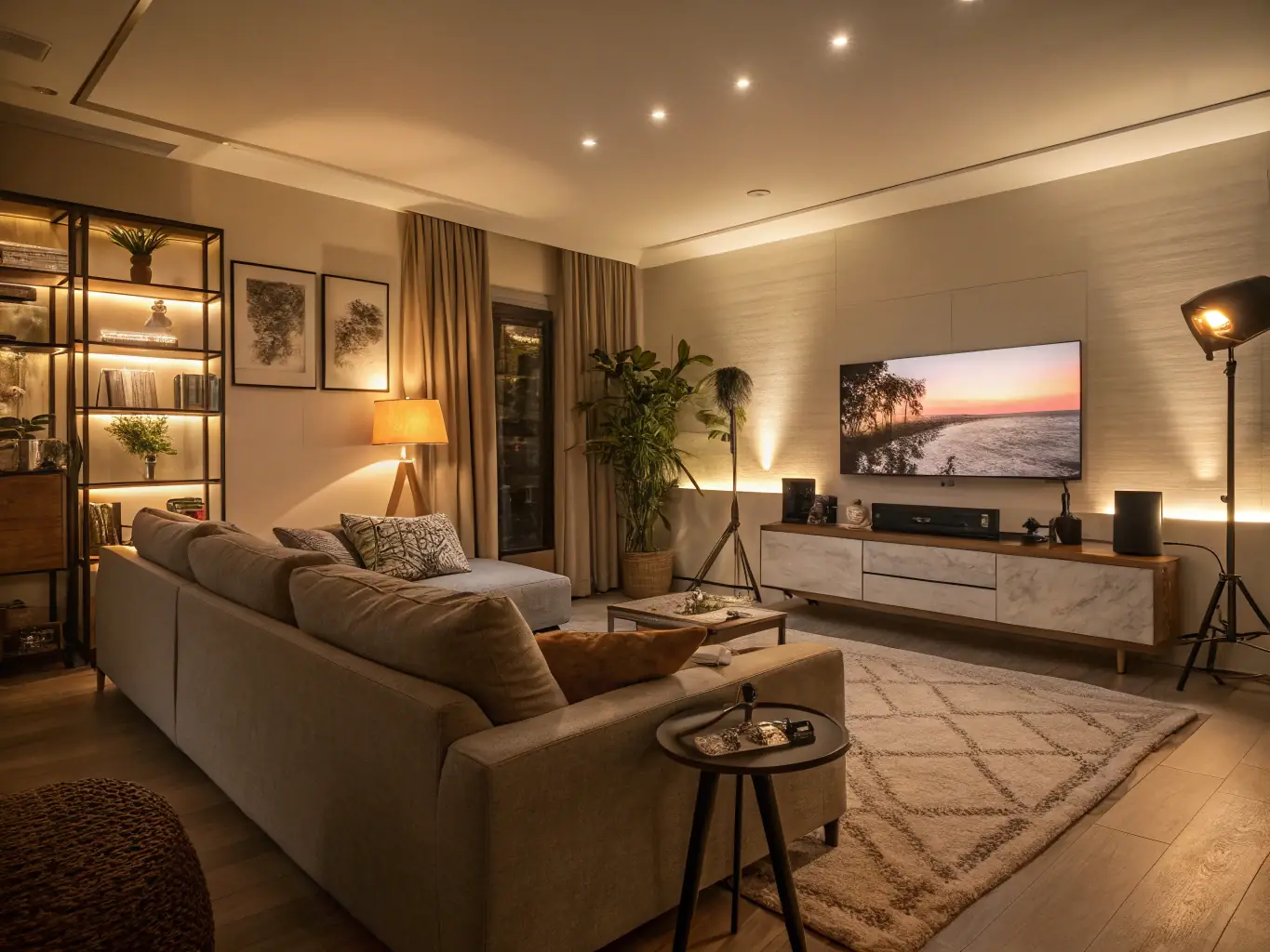 A modern living room showcasing integrated smart lighting and climate control, highlighting the seamless integration of Action's home automation system.