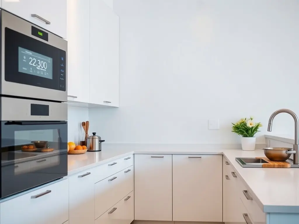 A modern kitchen in a newly built home, showcasing integrated smart appliances and lighting controlled via a tablet, emphasizing convenience and efficiency.