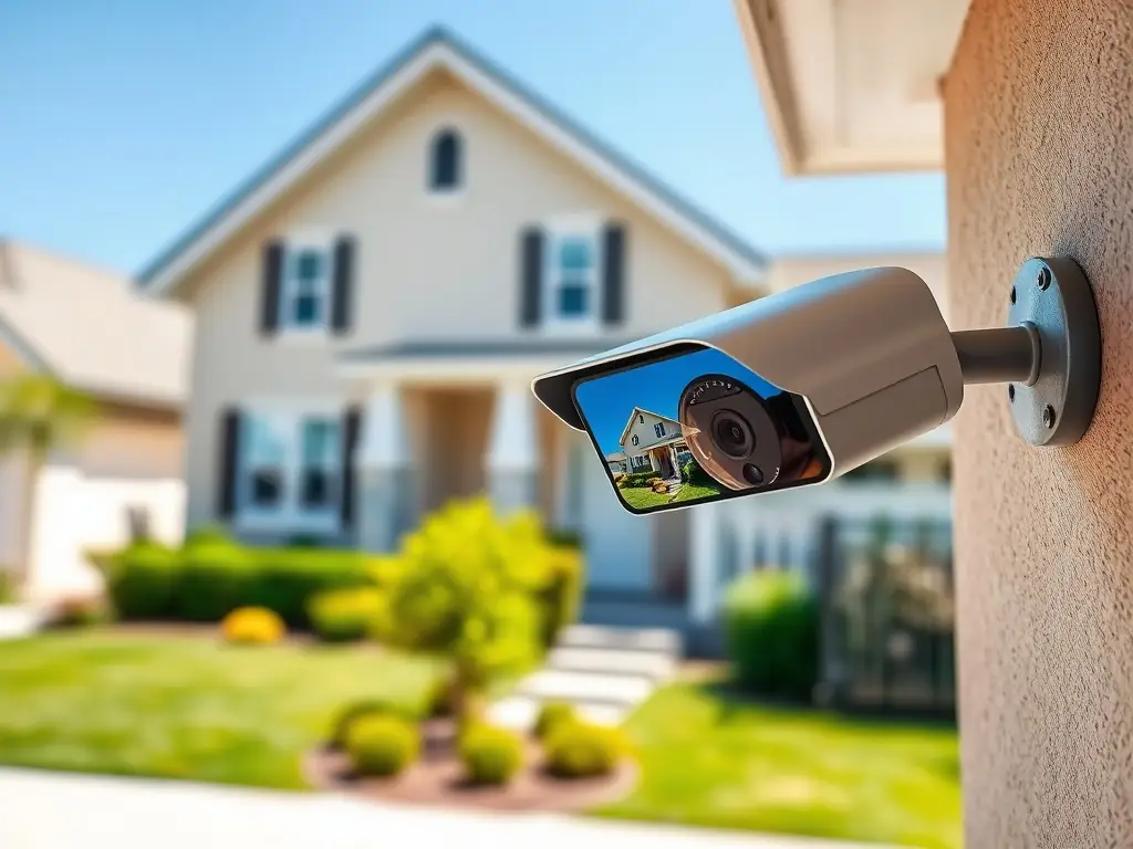 A high-definition security camera mounted on the exterior wall of a modern home, capturing a wide-angle view of the front yard and driveway, under a clear blue sky.