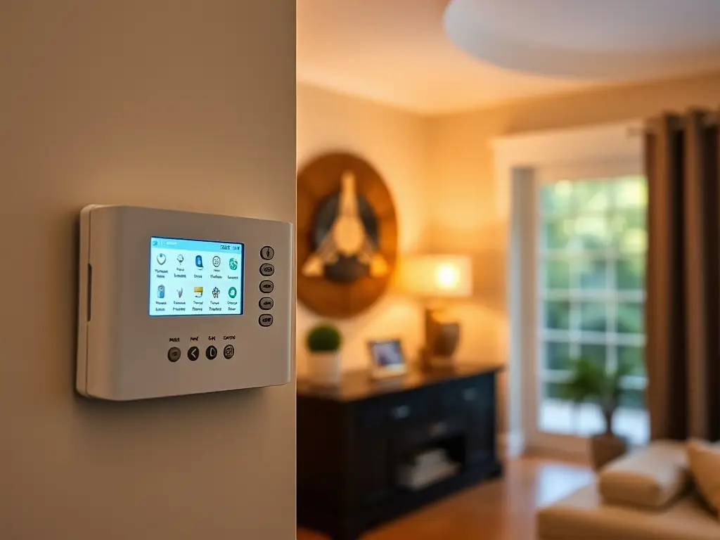 A modern alarm system control panel mounted on a wall inside a home, displaying a user-friendly interface with various security settings and real-time status updates.