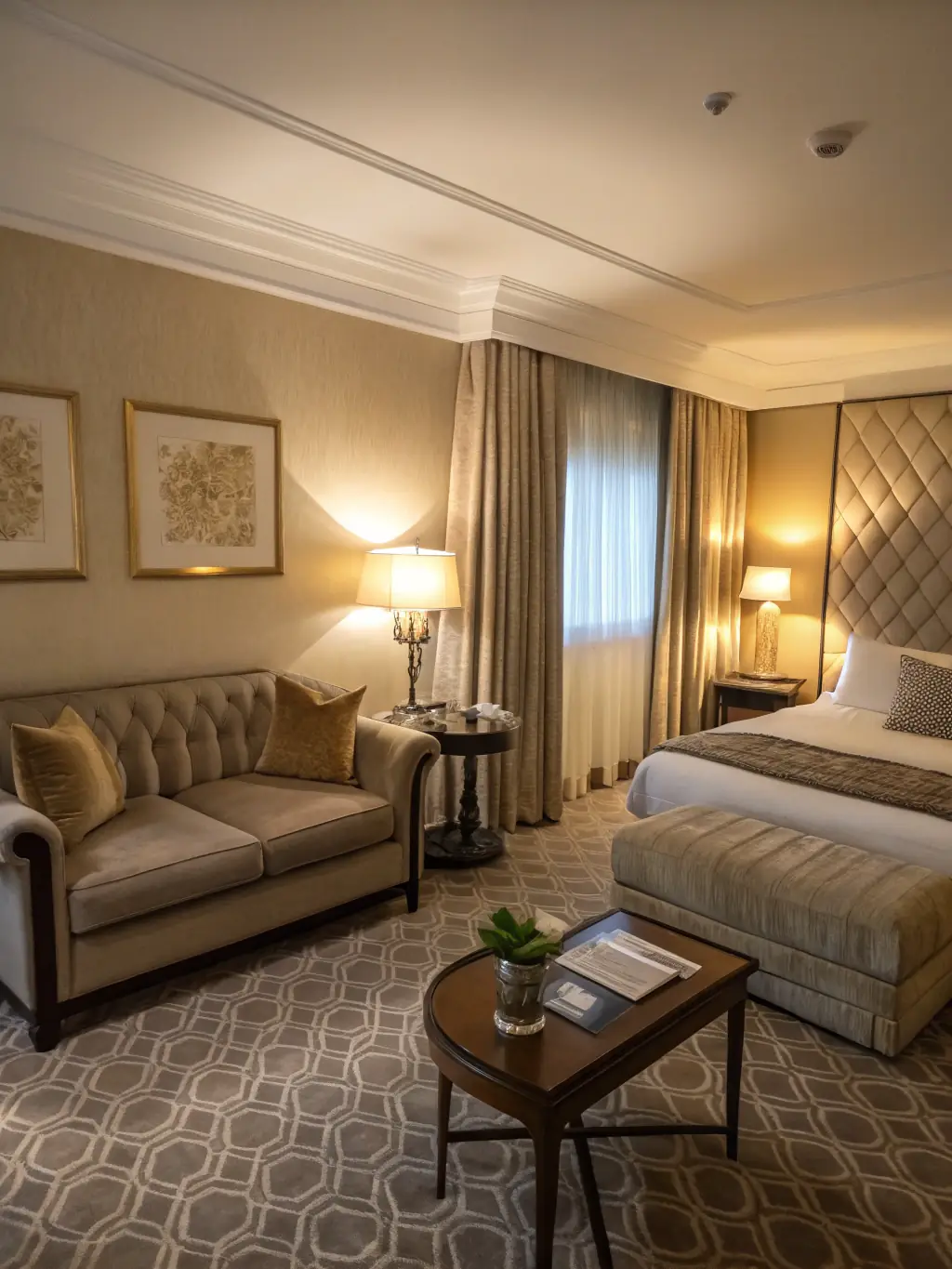 A high-end hotel room featuring a smart entertainment system with a large screen displaying a welcome message, highlighting the personalized guest experience.