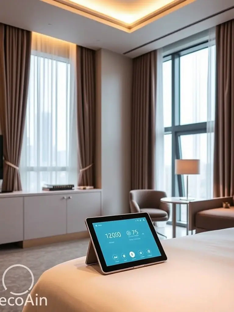 A modern hotel suite with automated lighting adjusting to create a relaxing ambiance, showcasing the convenience of smart lighting control for hotel guests.