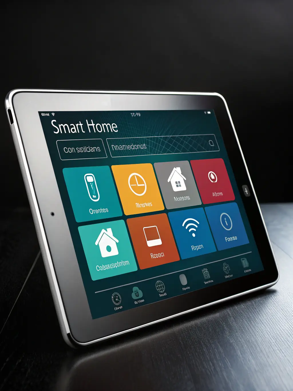 A photograph of a state-of-the-art home security system interface on a tablet, showing various security features like camera feeds, alarm settings, and door locks. The image should emphasize the comprehensive security solutions offered.
