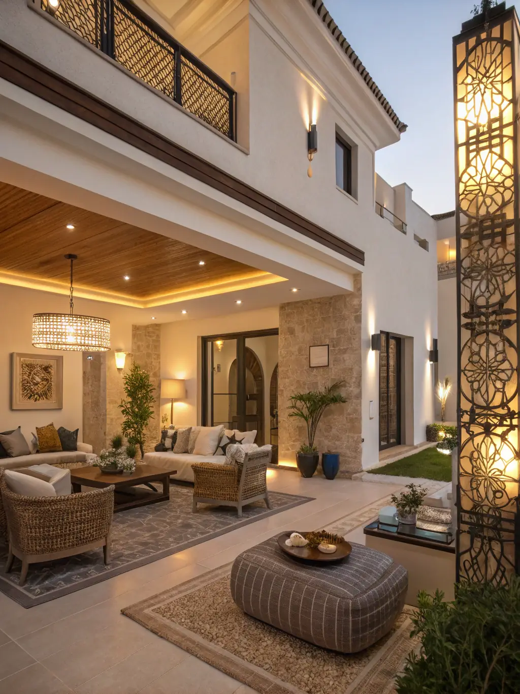 A high-resolution photograph showcasing a modern villa's smart lighting system, highlighting the elegant design and energy efficiency. The image should convey a sense of luxury and technological sophistication, appealing to villa constructors.