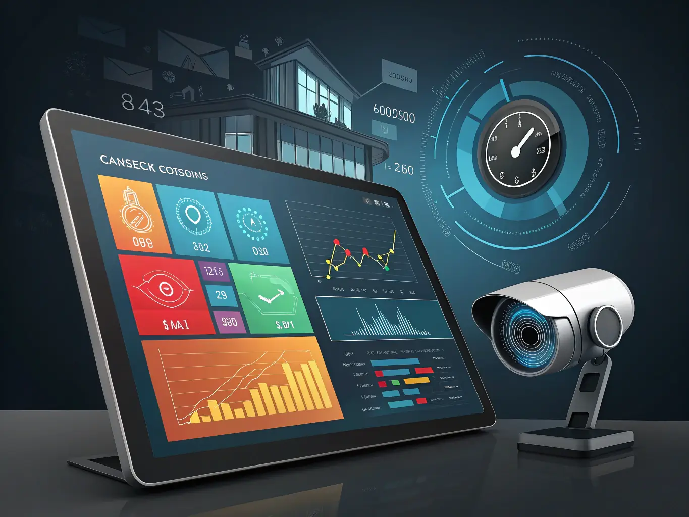 A high-tech security panel displaying real-time surveillance footage, emphasizing the advanced security features of Action's smart home system.