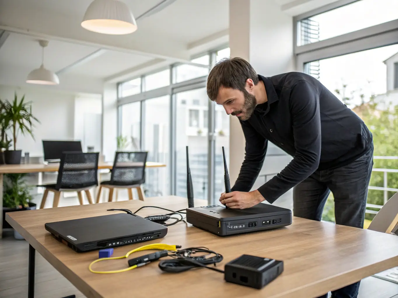 A technician configuring a WiFi network using a laptop, showcasing the technical expertise involved in setting up a reliable home network.