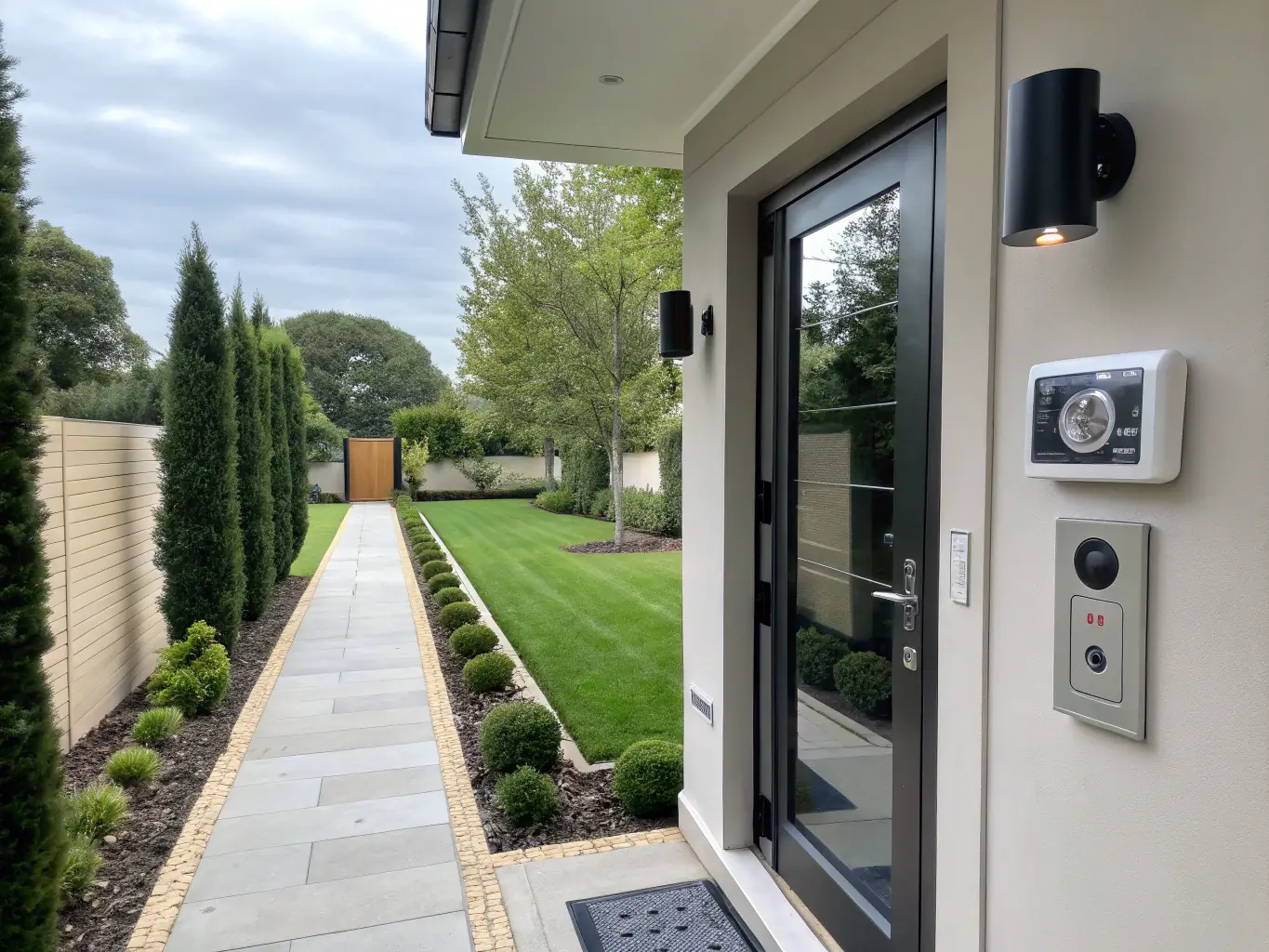 A secure front entrance of a new home, equipped with a smart doorbell and automated locks, demonstrating enhanced security and peace of mind.