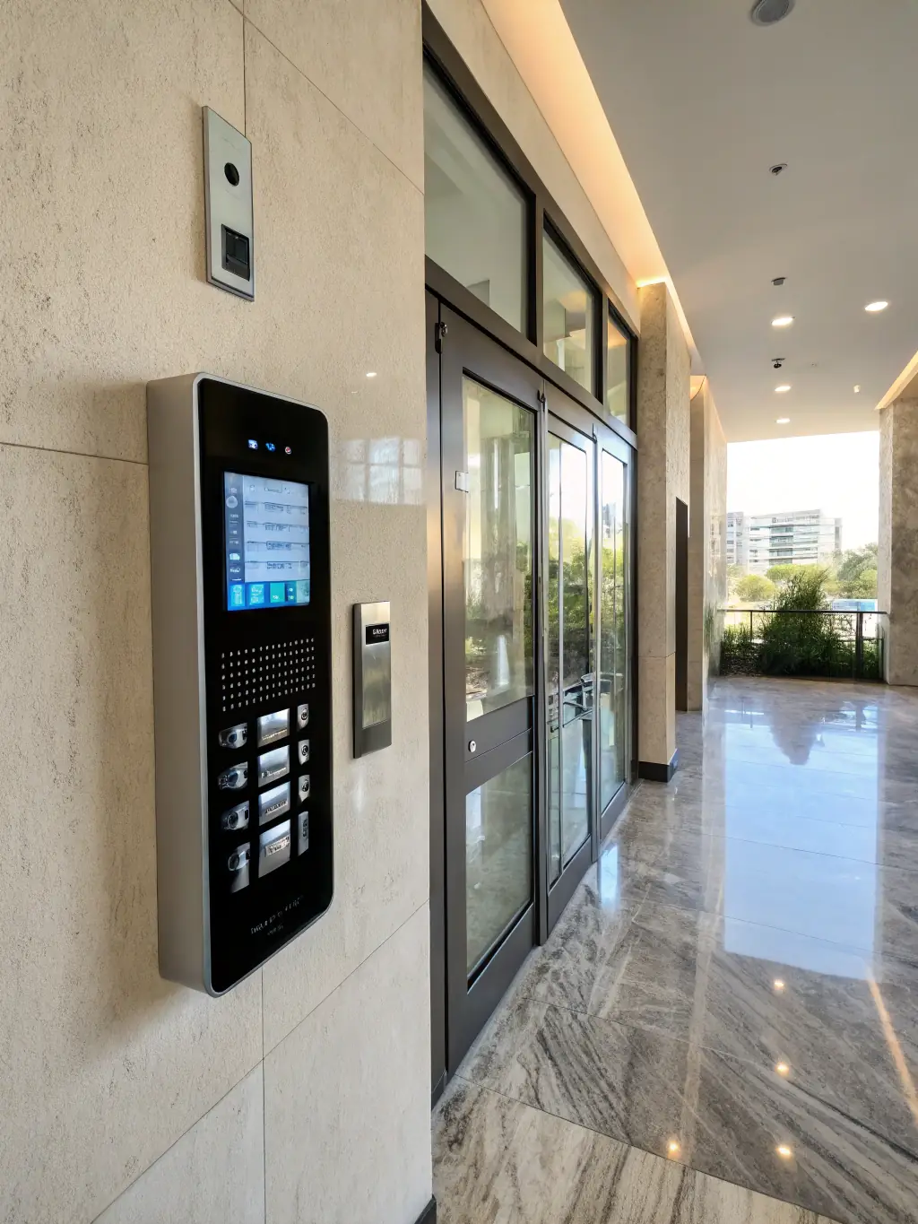 A hotel security control panel displaying real-time monitoring and access control, emphasizing the enhanced security features for hotel management and guests.