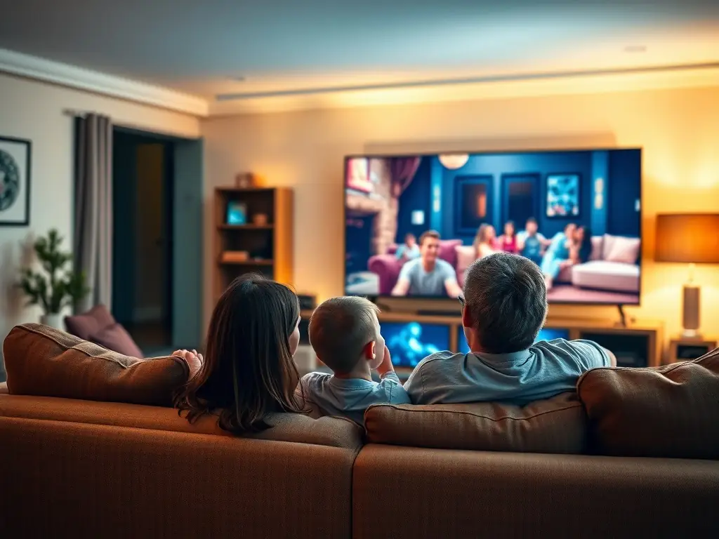 A family enjoying a movie night in their smart home, with various smart devices seamlessly integrated and controlled via a mobile app.