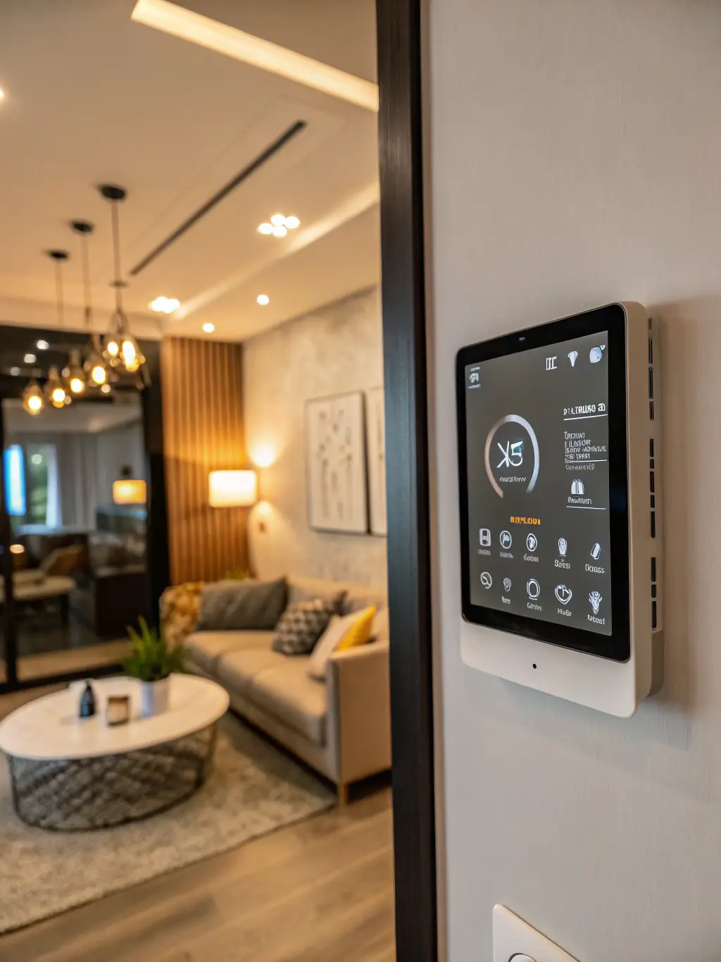 A visually appealing image of a smart thermostat controlling the temperature in a luxury villa, with a focus on energy efficiency and user-friendly interface. The image should highlight the comfort and convenience of automated climate control.