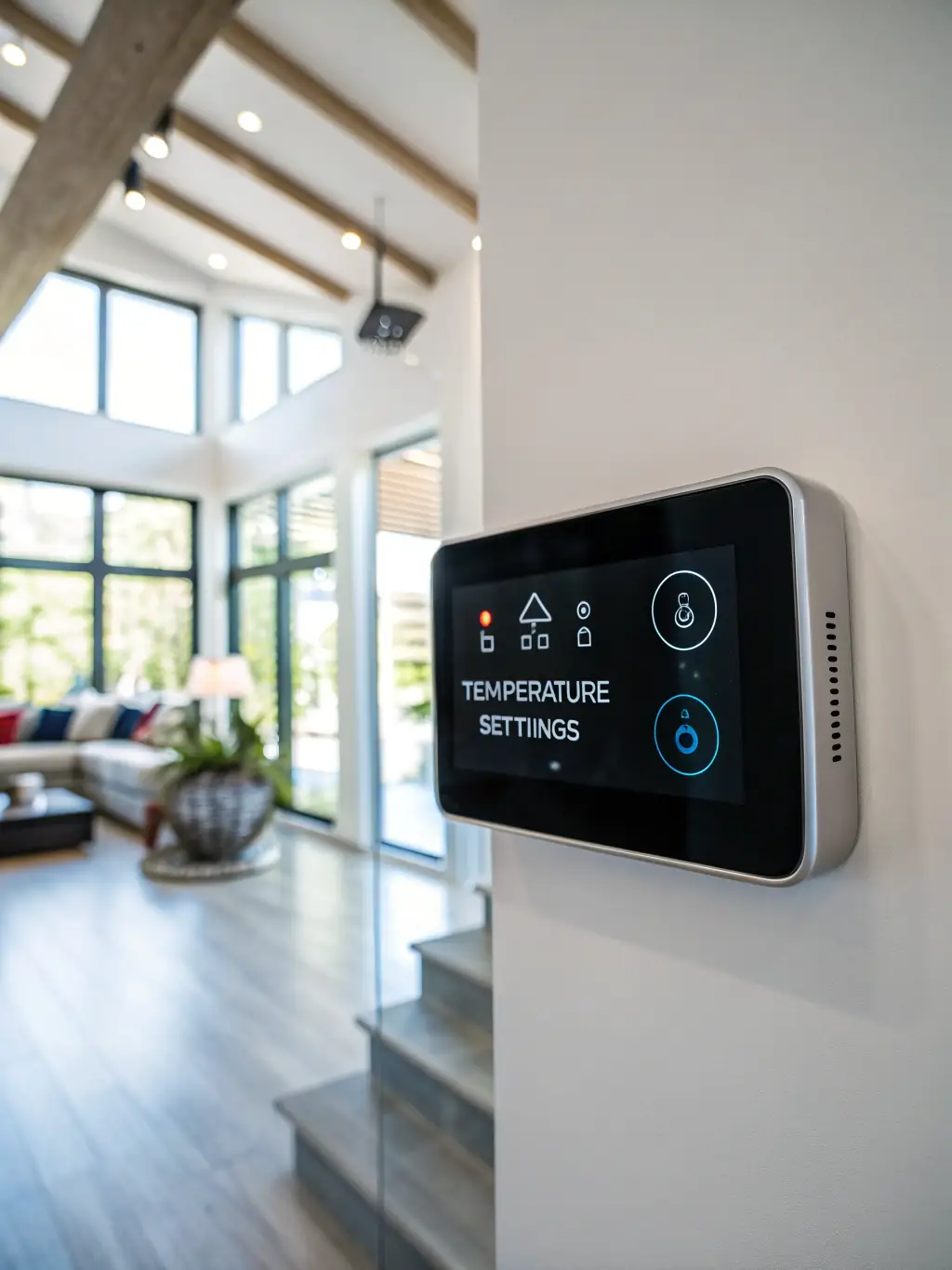 A hotel room with automated climate control maintaining a consistent temperature, illustrating the energy efficiency and comfort provided by smart thermostats.