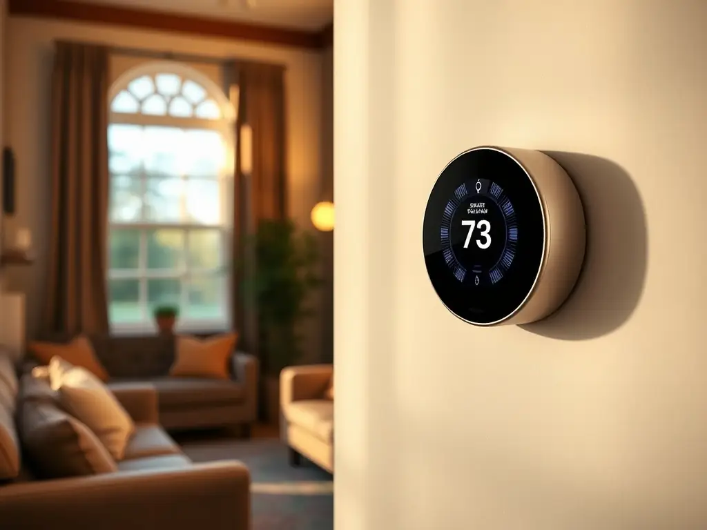 A cozy living room in a new home, featuring automated blinds adjusting to the sunlight and a smart thermostat maintaining a comfortable temperature, highlighting energy efficiency.