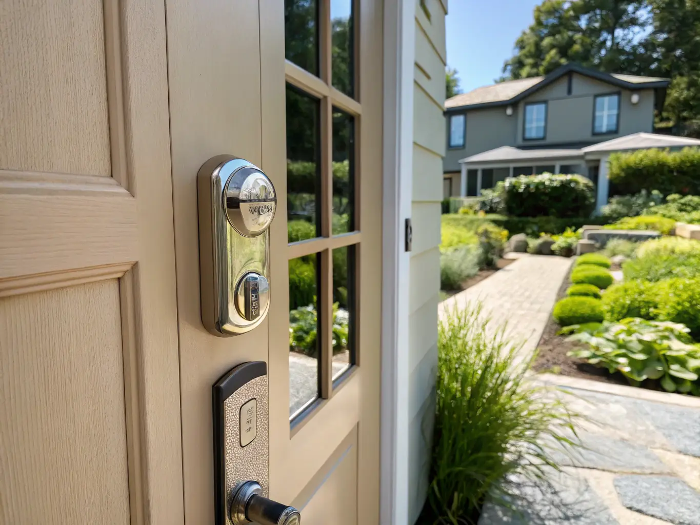 A smart lock installed on a front door, with a person using a smartphone to unlock it, showcasing the convenience and security of keyless entry.