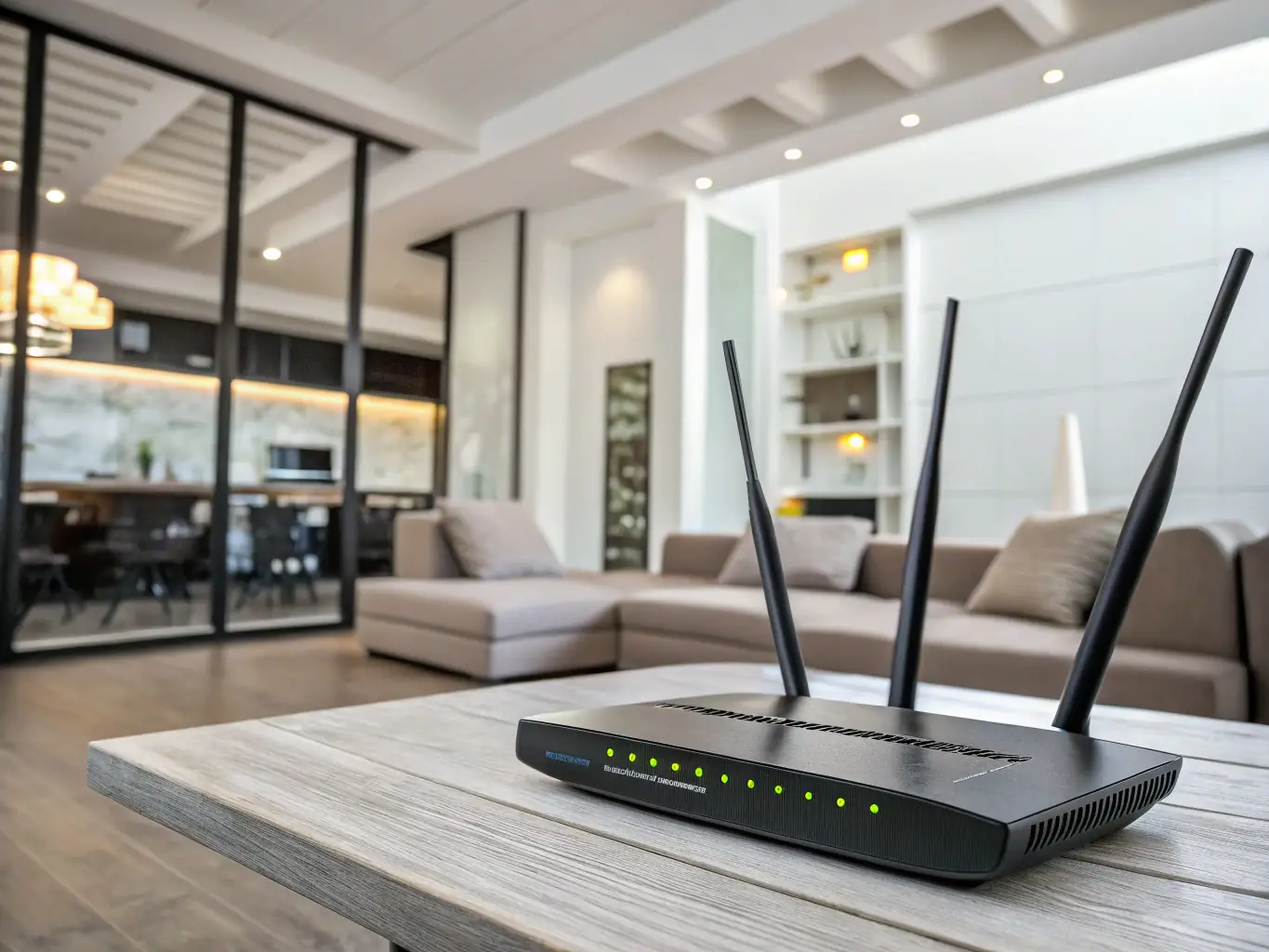 A professionally installed WiFi router with multiple antennas, placed strategically in a modern living room to provide optimal coverage for smart home devices.