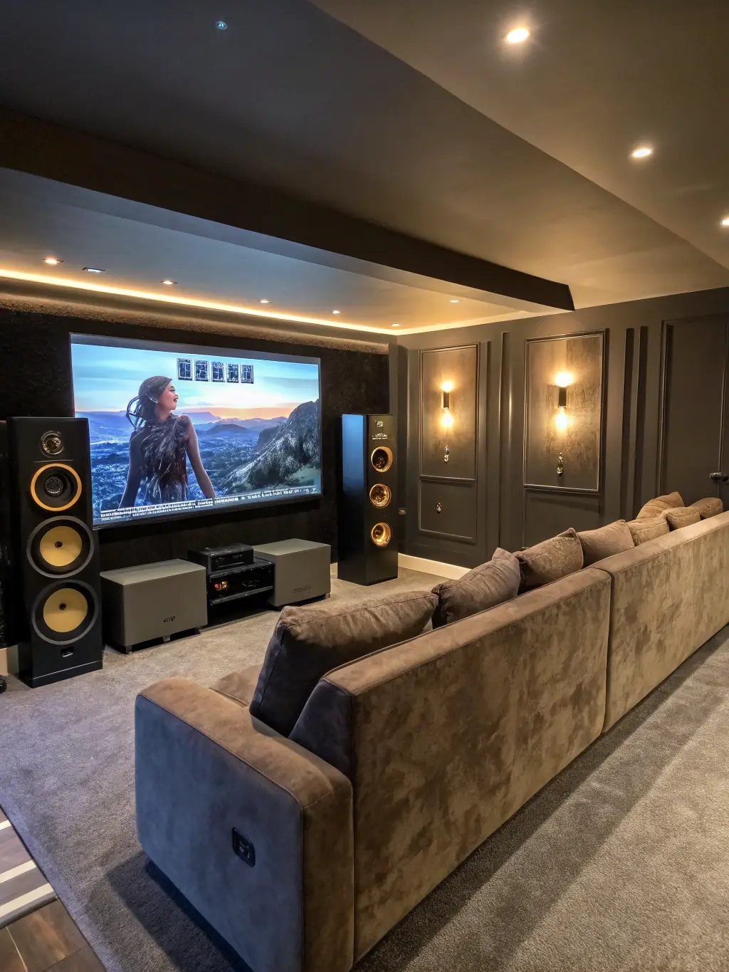 A photograph of a home theater system in a luxury villa, showcasing high-quality audio and video equipment. The image should convey the immersive entertainment experience provided by Action's home automation solutions.